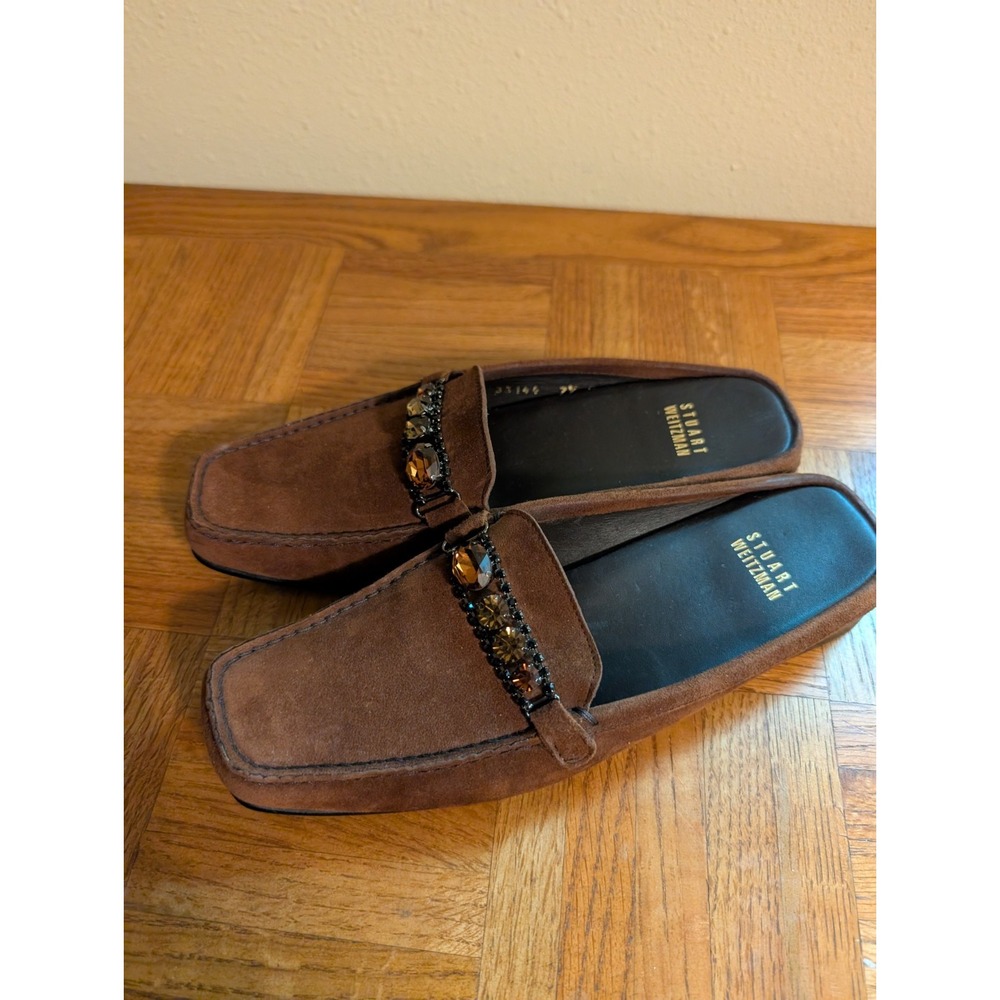 Stuart Weitzman Suede Loafers Brown Jeweled Preppy Block Heel Size 7.5 Y2K 7 1/2 - Picture 2 of 6